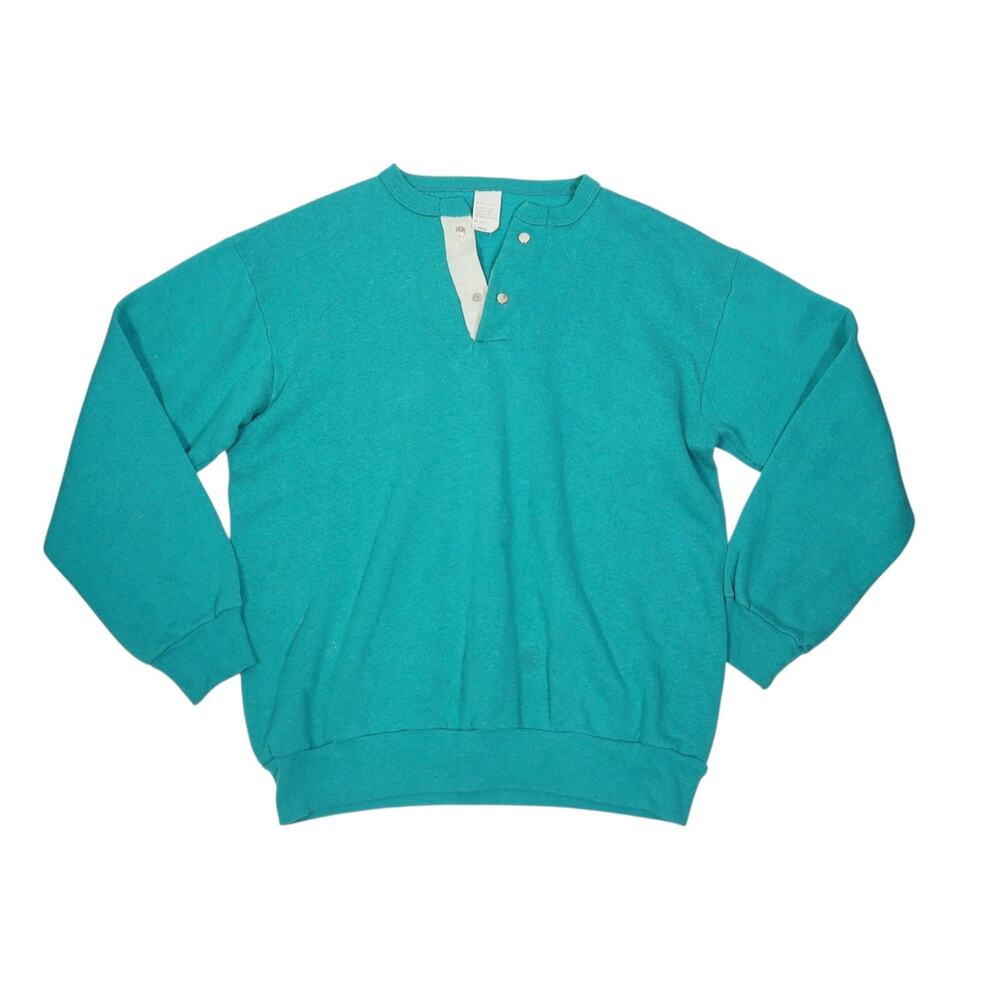 Vintage 80s Teal Green Henley Snap Button Pullover Sweatshirt L